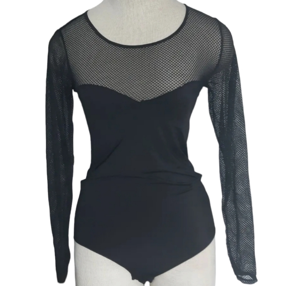 SECRET POSSESSIONS black bodysuit MESH top snap crotch mild stretch ACADEMIA  M